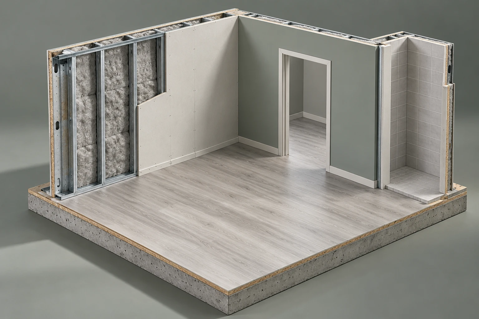 Illustrative architectural cutaway: metal framing and insulation, partial drywall, gray-green finished wall, plank flooring and a tiled return