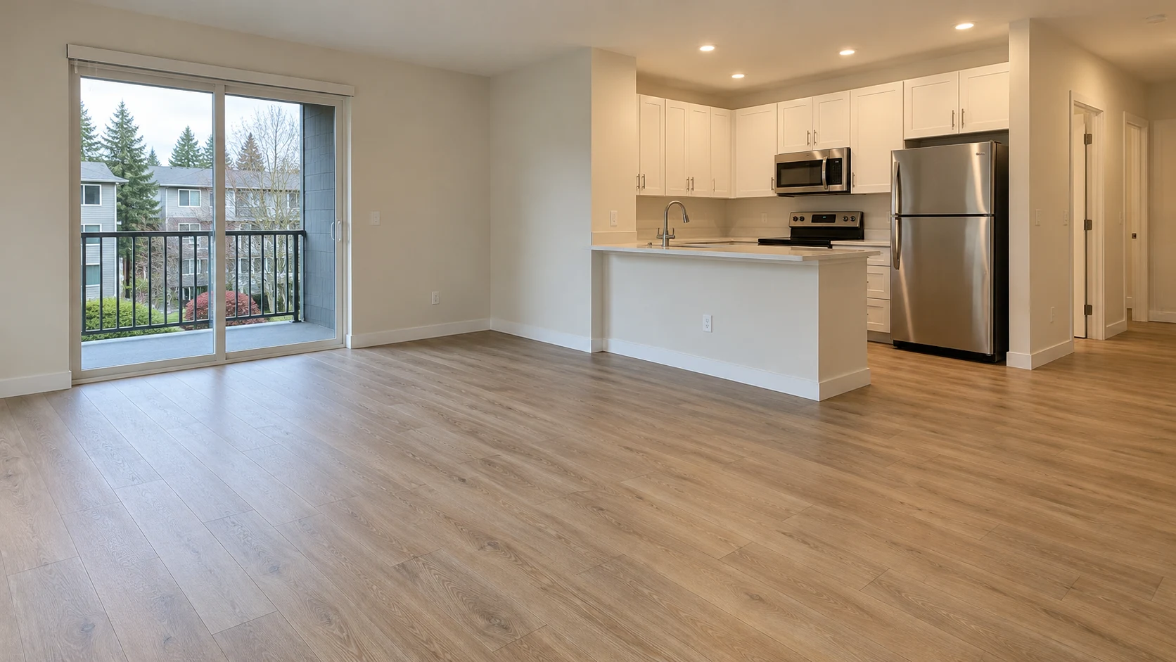 AI-generated apartment concept with plank flooring, practical cabinetry and freshly painted walls